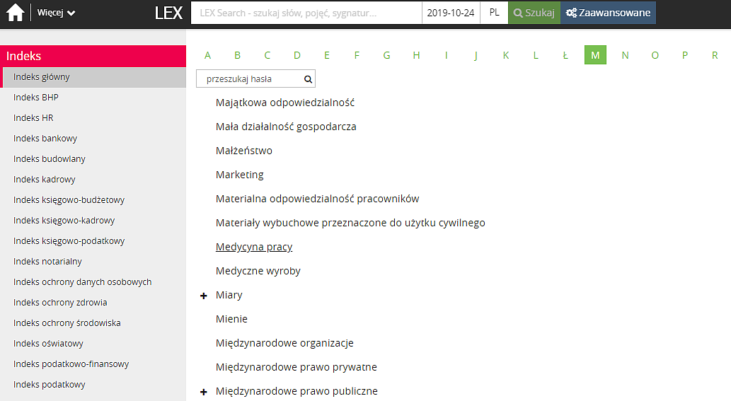 Widok haseł Indeksu w porządku alfabetycznym