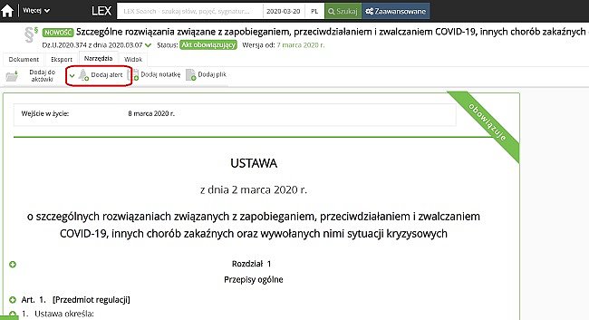 Monitoruj zmiany dotyczące koronawirusa za pomocą LEX Alert