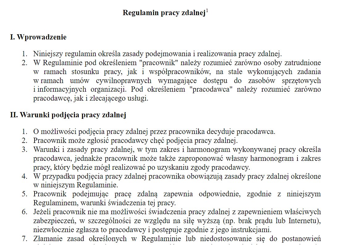 Fragment Regulaminu pracy zdalnej dostępnego w LEX Ochrona Danych Osobowych