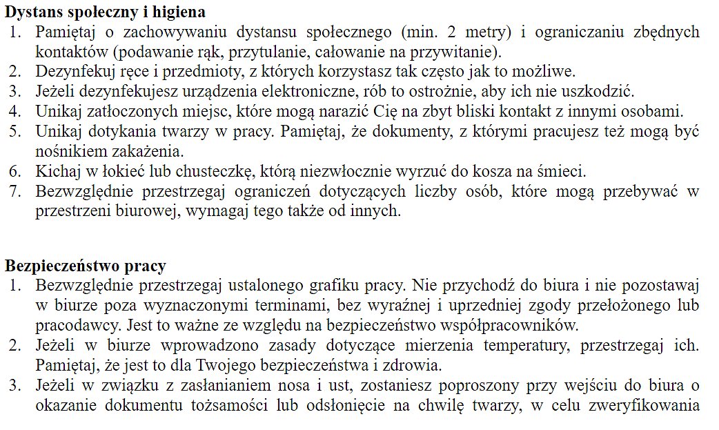 Fragment zasad pracy stacjonarnej w okresie epidemii