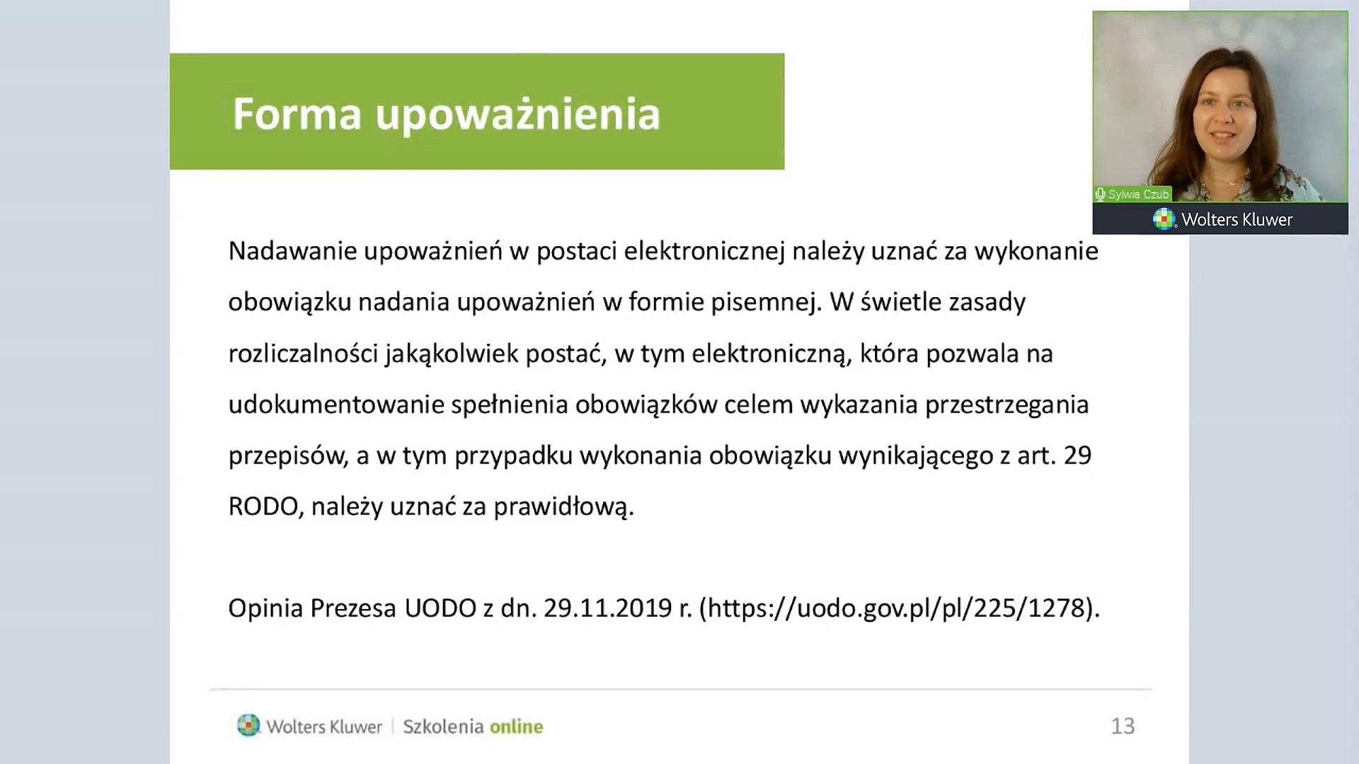 Fragment szkolenia online z LEX Ochrona Danych Osobowych o upoważnieniach do przetwarzania danych osobowych