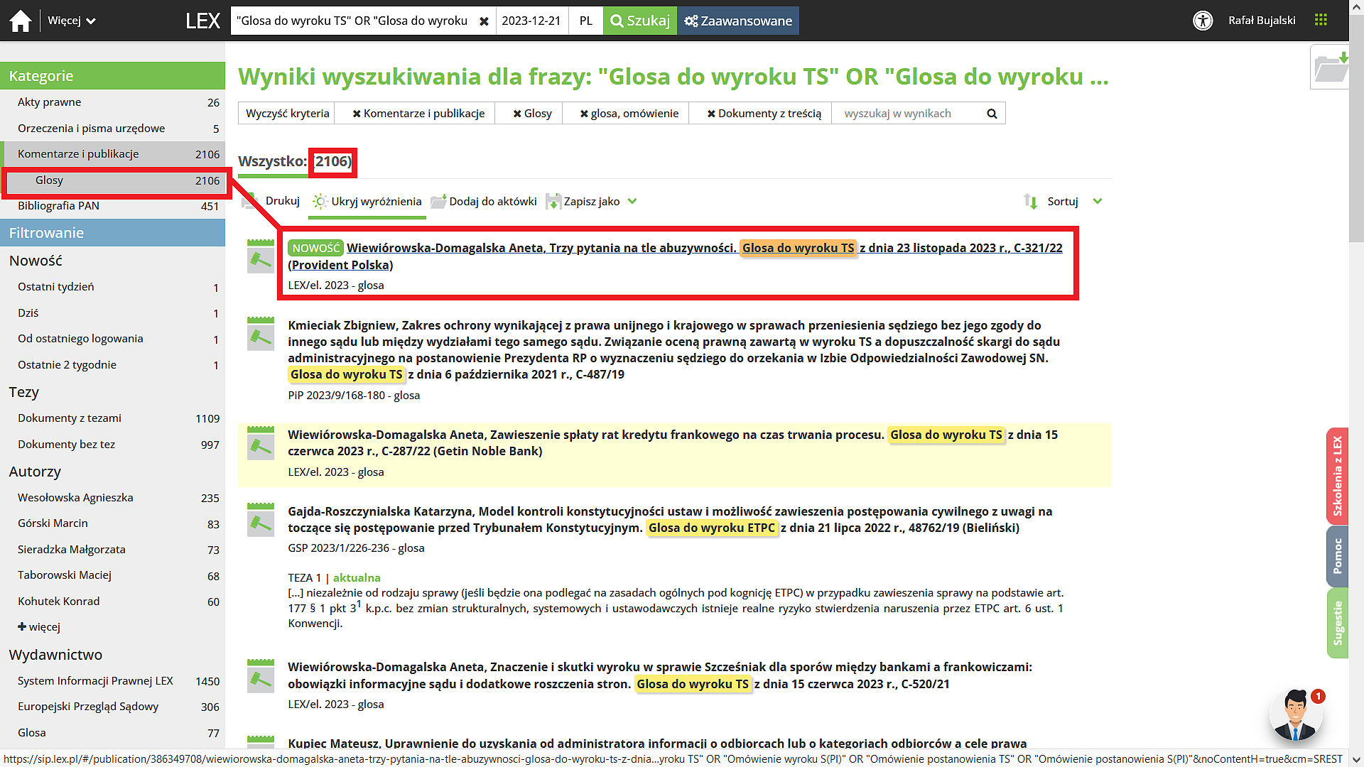 Lista wynikowa glos z zaznaczeniem ilości: 2106 oraz tytułu najnowszej glosy