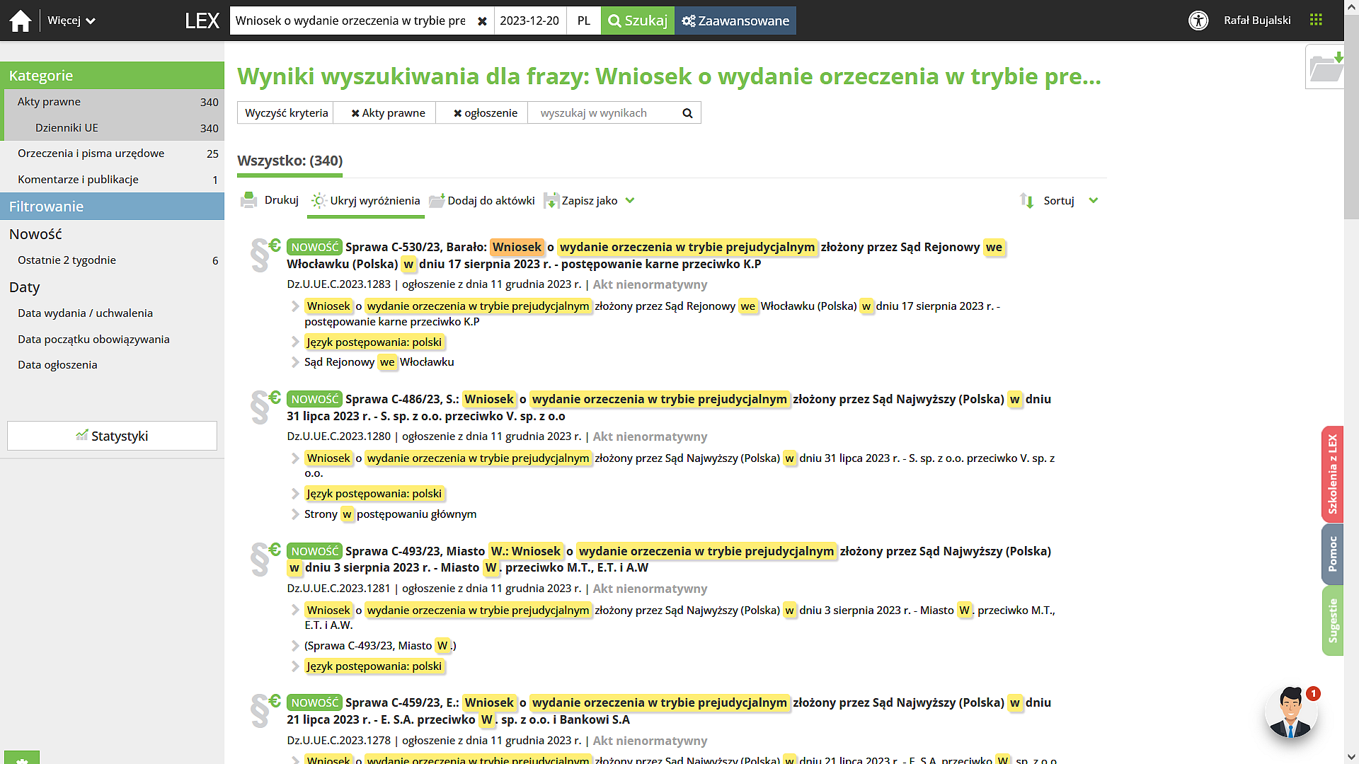 Lista wynikowa pytań prejudycjalnych