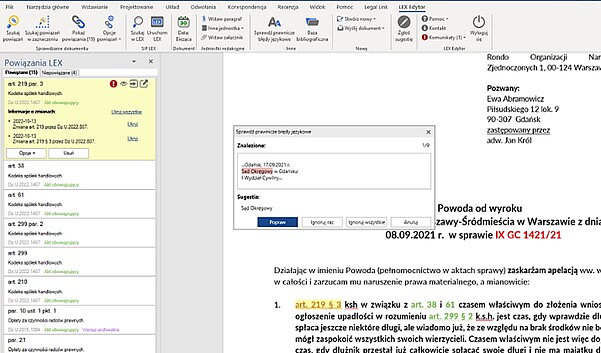 Funkcja LEX Edytor poprawiająca prawniczy błąd językowy na przykładzie frazy 