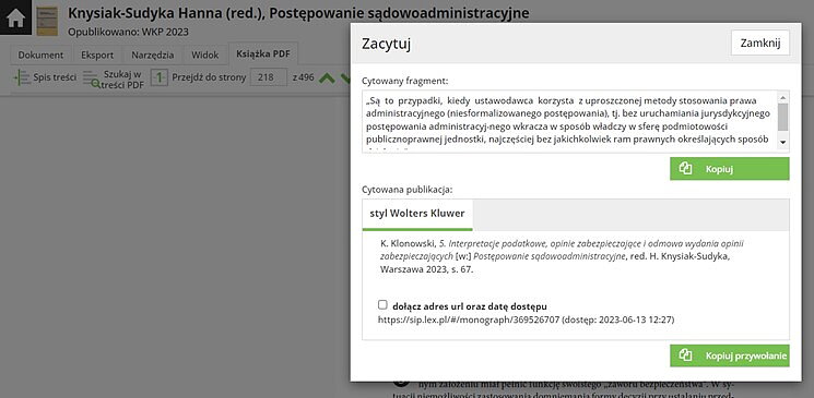 Funkcja zacytuj LEX Context automatycznie generuje jednolite przypisy z podanym numerem strony na podstawie książki w formacie PDF