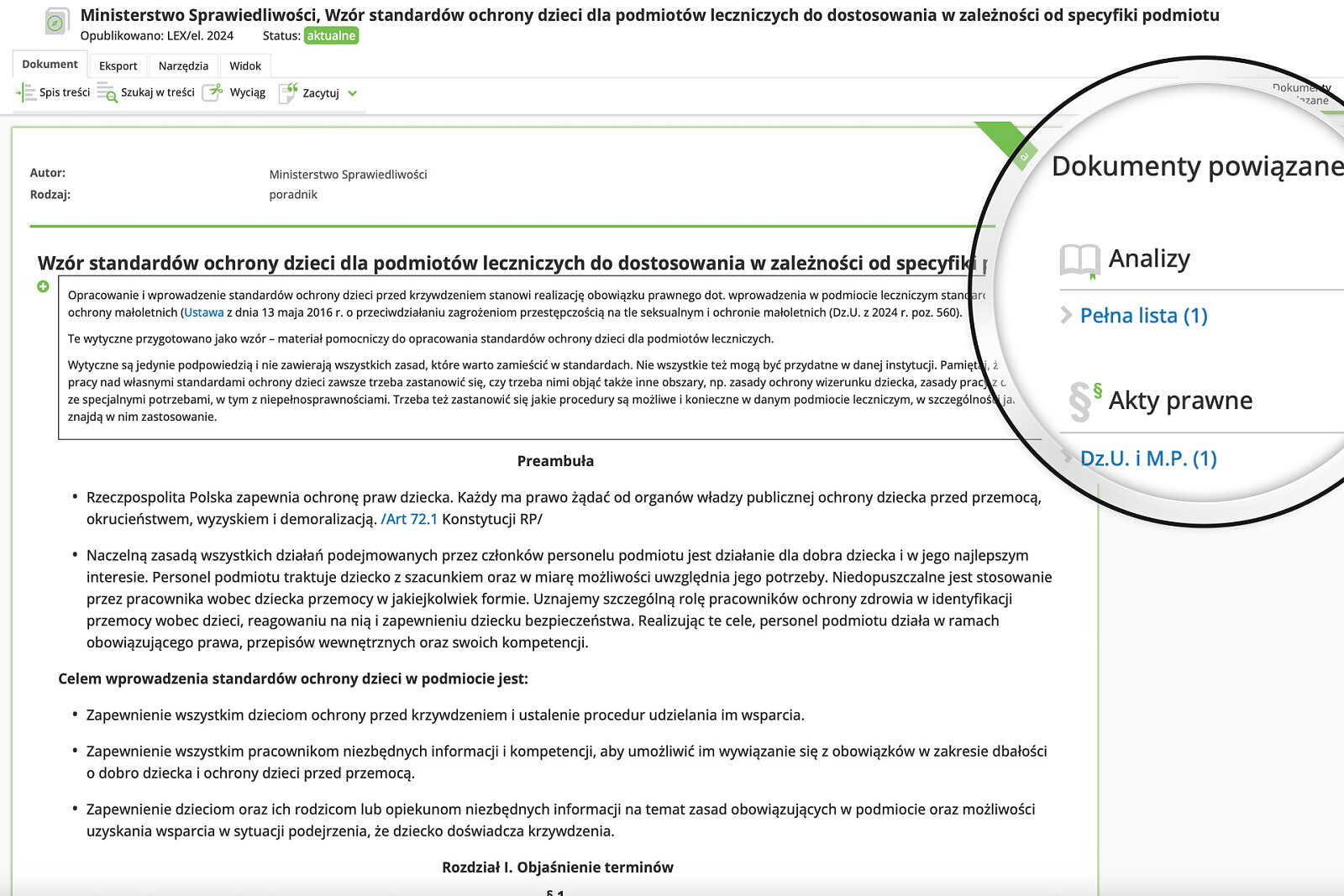 Łatwo przeniesiesz się do powiązanych dokumentów, jak np. pytania i odpowiedzi czy wzory dokumentów