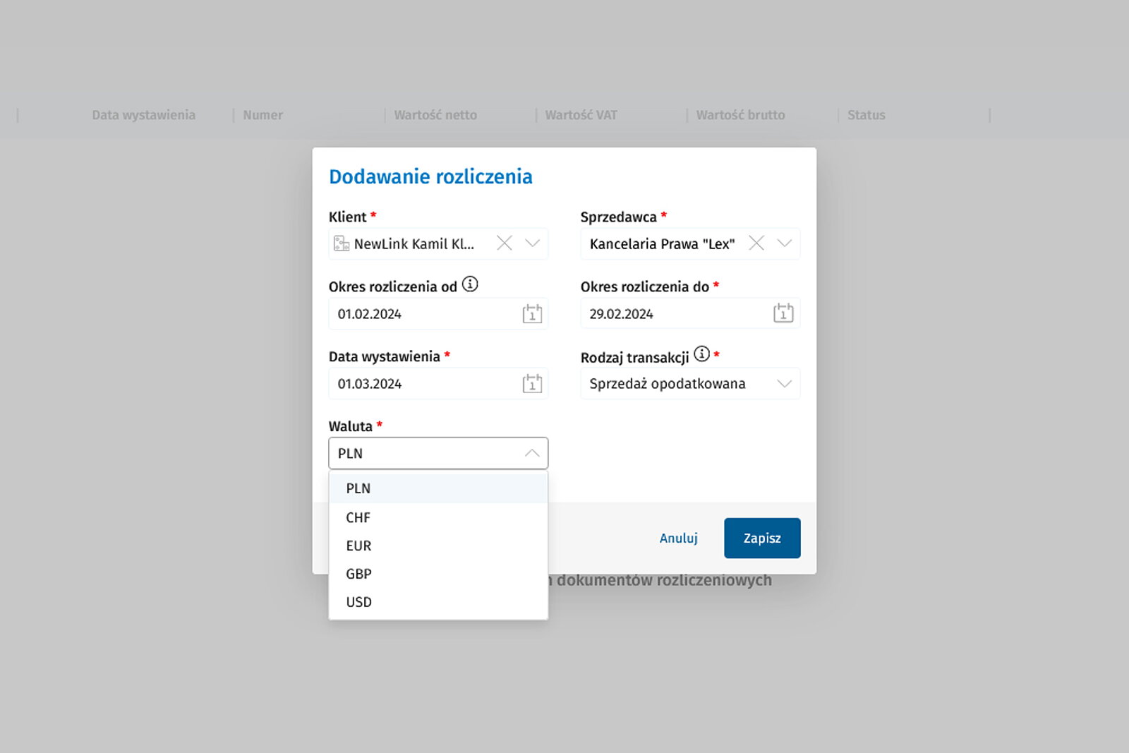 <p>LegalDesk umożliwia pełną obsługę klientów rozliczających się w innych walutach (do wyboru: PLN, CHF, EUR , GBP i USD).</p>