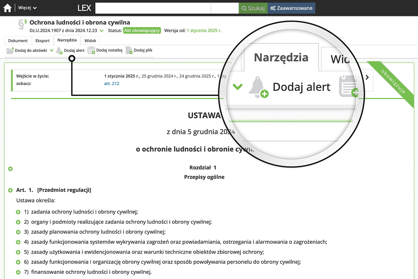 <p>Samodzielnie decydujesz, które akty prawne chcesz śledzić i zakładasz na nich alerty. Możesz go założyć na całym akcie jak i na konkretnej jednostce redakcyjnej.</p>