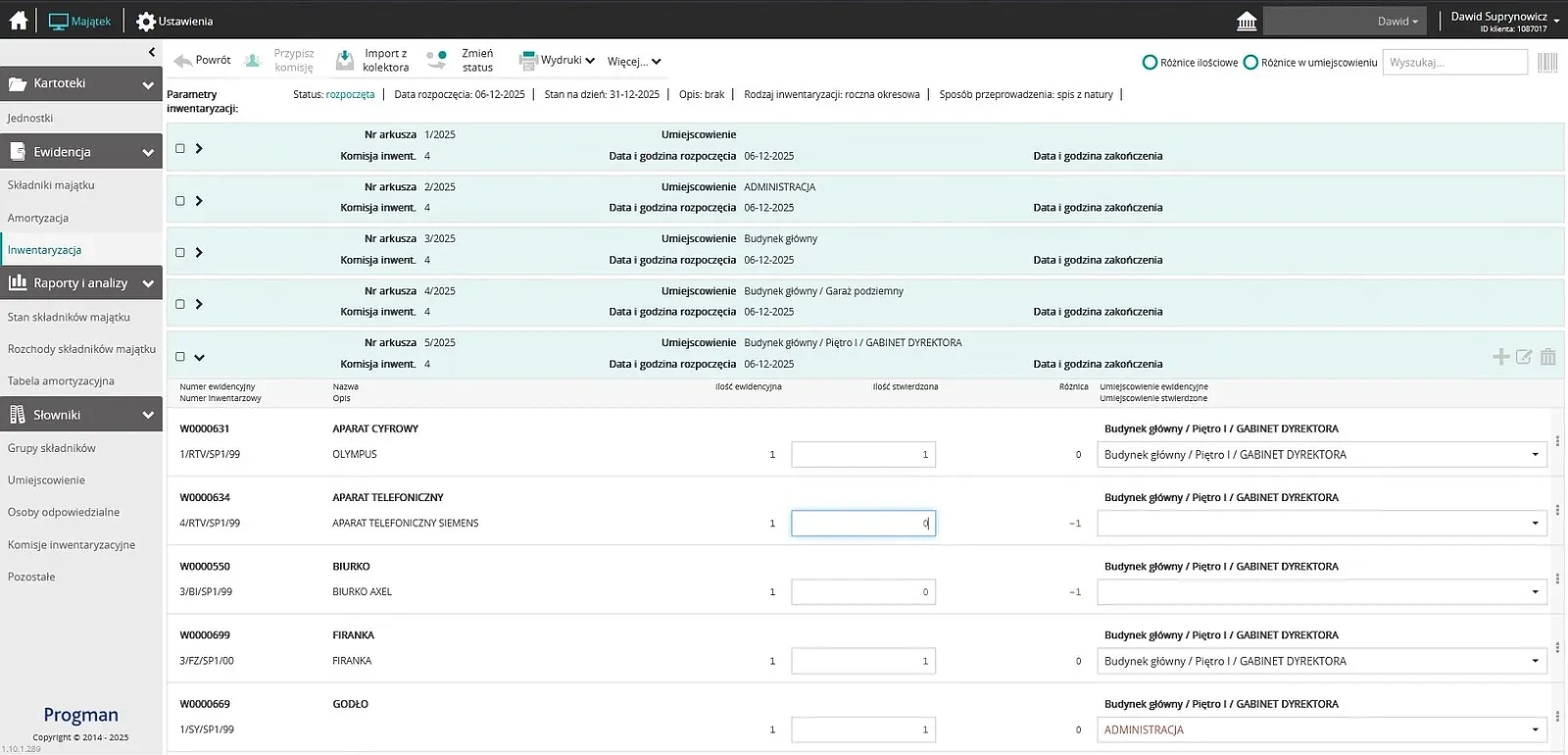 Progman Cloud Majątek inwentaryzacja – automatyczne porównanie stanów eliminuje rozbieżności i usprawnia spisy z natury