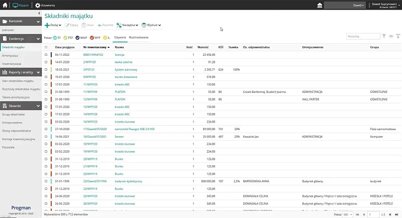 Progman Cloud Majątek ewidencja – centralna lista składników eliminuje chaos w zarządzaniu majątkiem i przyspiesza wyszukiwanie danych