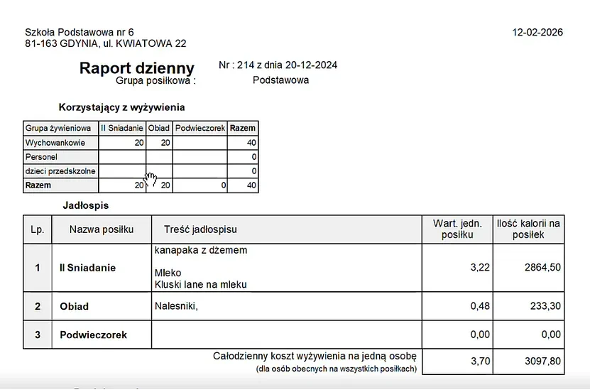 Progman Stołówka raport dzienny – automatyczne zestawienia posiłków i kosztów eliminują ręczne przygotowanie raportów